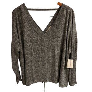 Lucky Brand Cloud Soft Deep V Neck Top Sz Large Ruched Back w/ Tie Marbled Gray